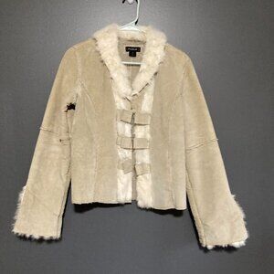 BEBE Women Size M Beige Rabbit Fur Suede Boho Jacket Coat Shearling Y2K